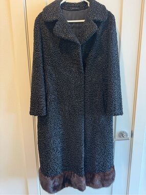 Black Faux Shearling Coat with Brown Fur Trim